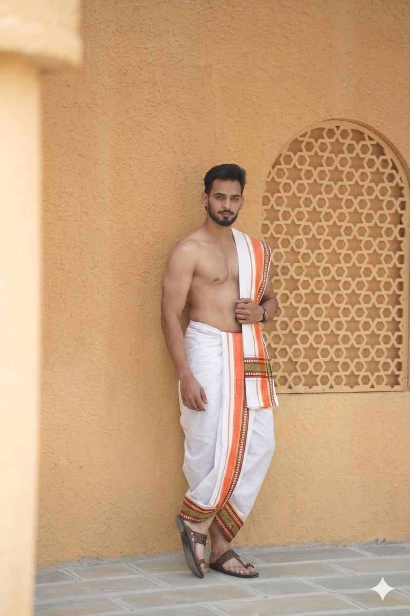 Man wearing a navrang cotton dhoti with uparana