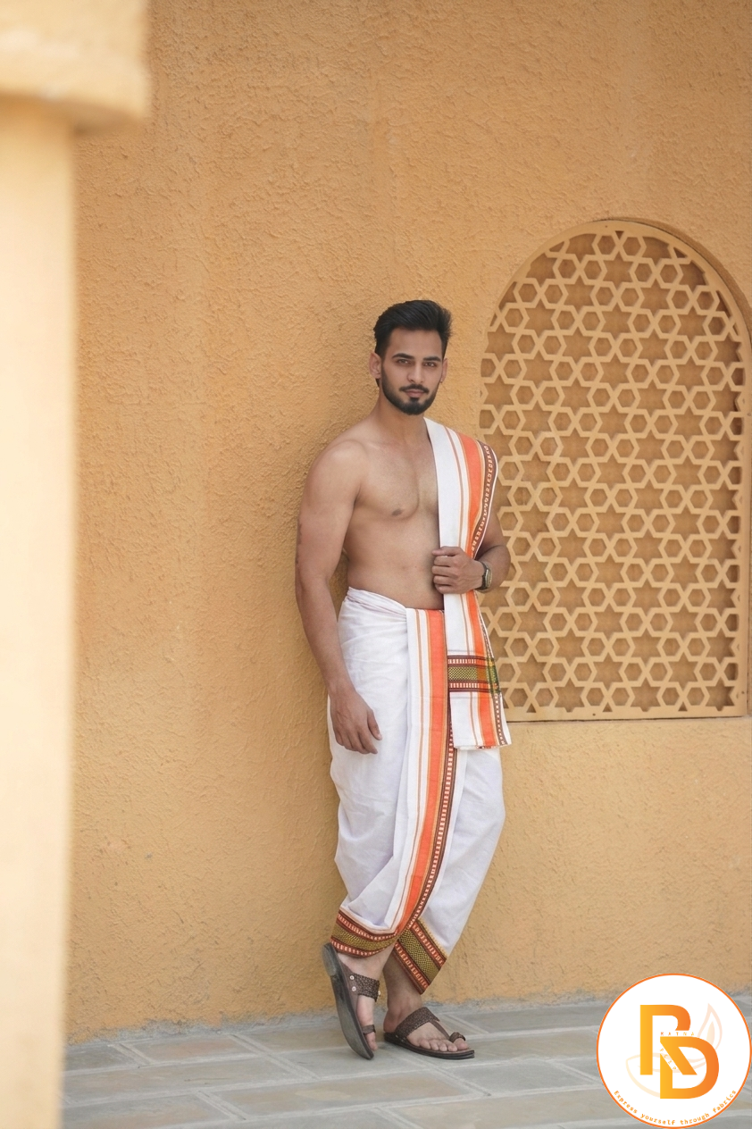 Man wearing a navrang cotton dhoti with uparana