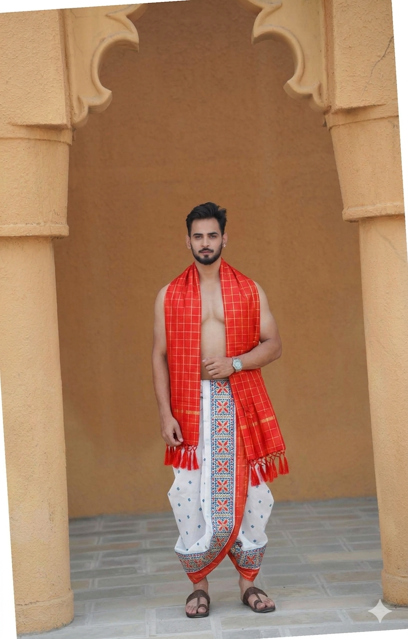 Man wearing a orange border white abhishek dhoti with gamcha