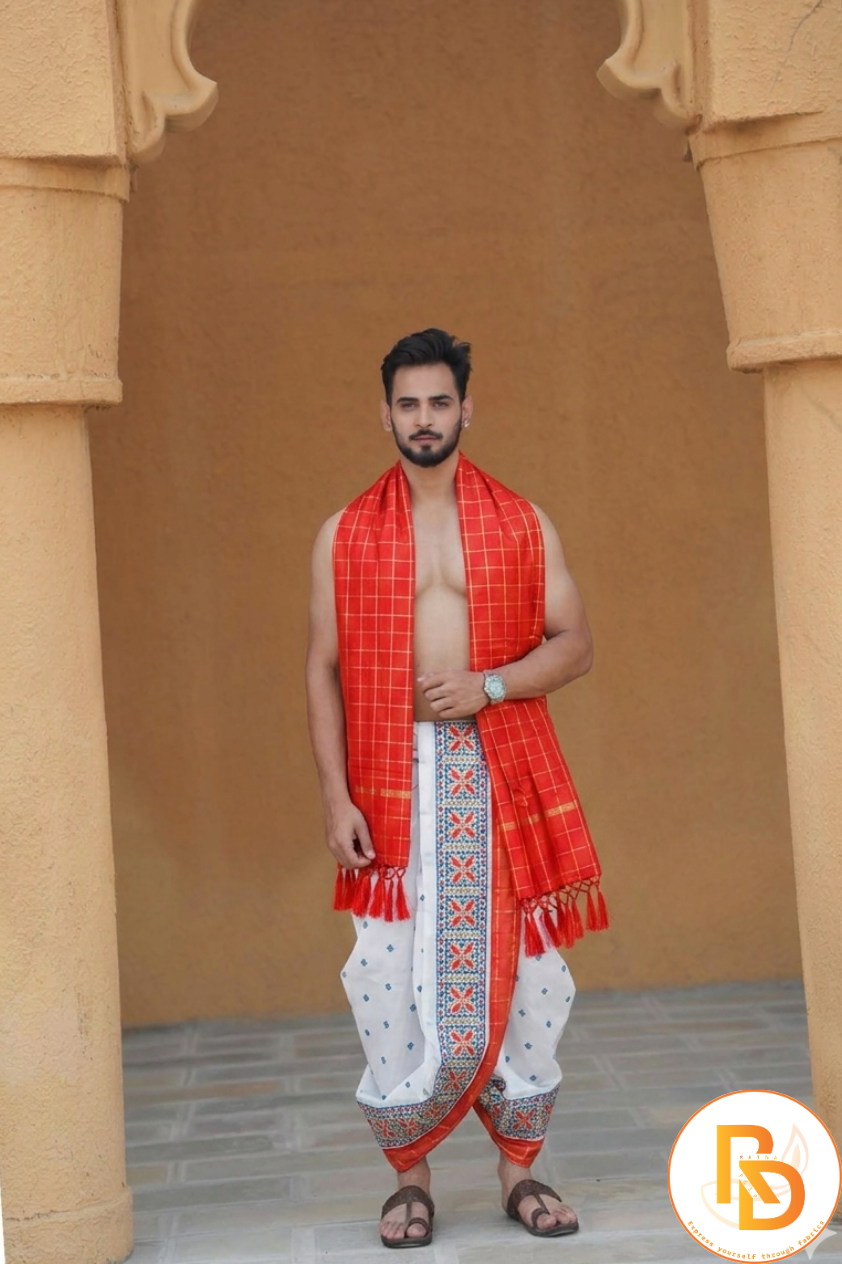 Man wearing a orange border white abhishek dhoti with gamcha