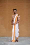 Man wearing orange color border cotton dhoti with uparana
