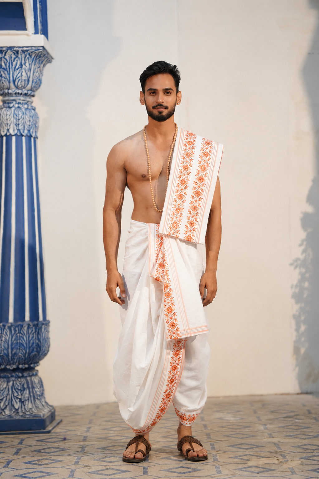 Man wearing orange color design border white dhoti