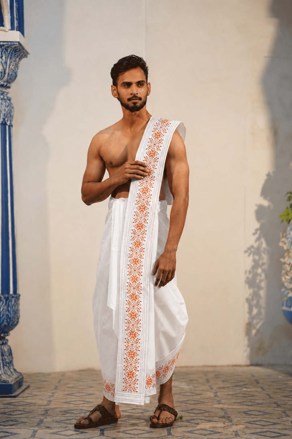 Man wearing a orange color floral design white cotton dhoti with uparana