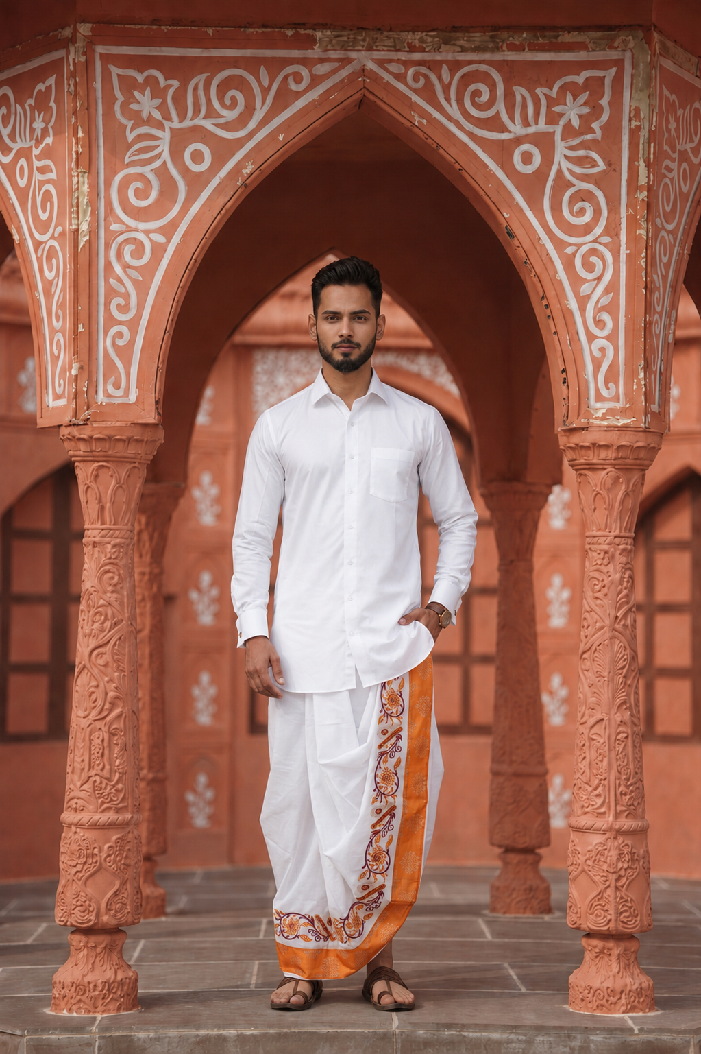 Man wearing a orange floral border white dhoti and shirt combo