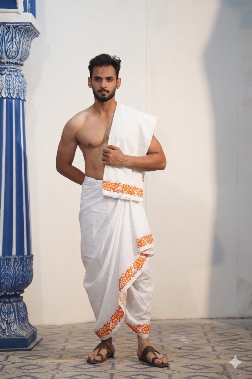 Man wearing a orange floral printed cotton dhoti with khes