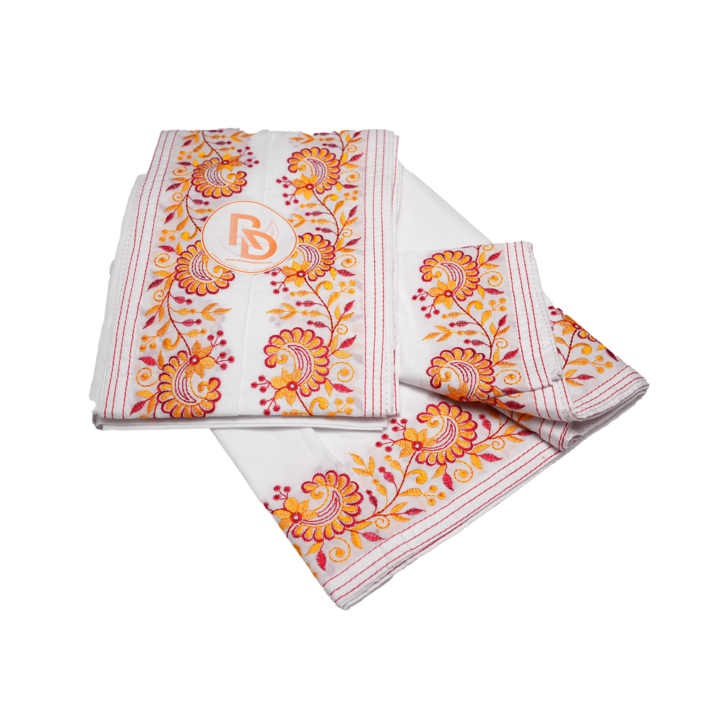 orange & yellow floral embroidery border cotton dhoti