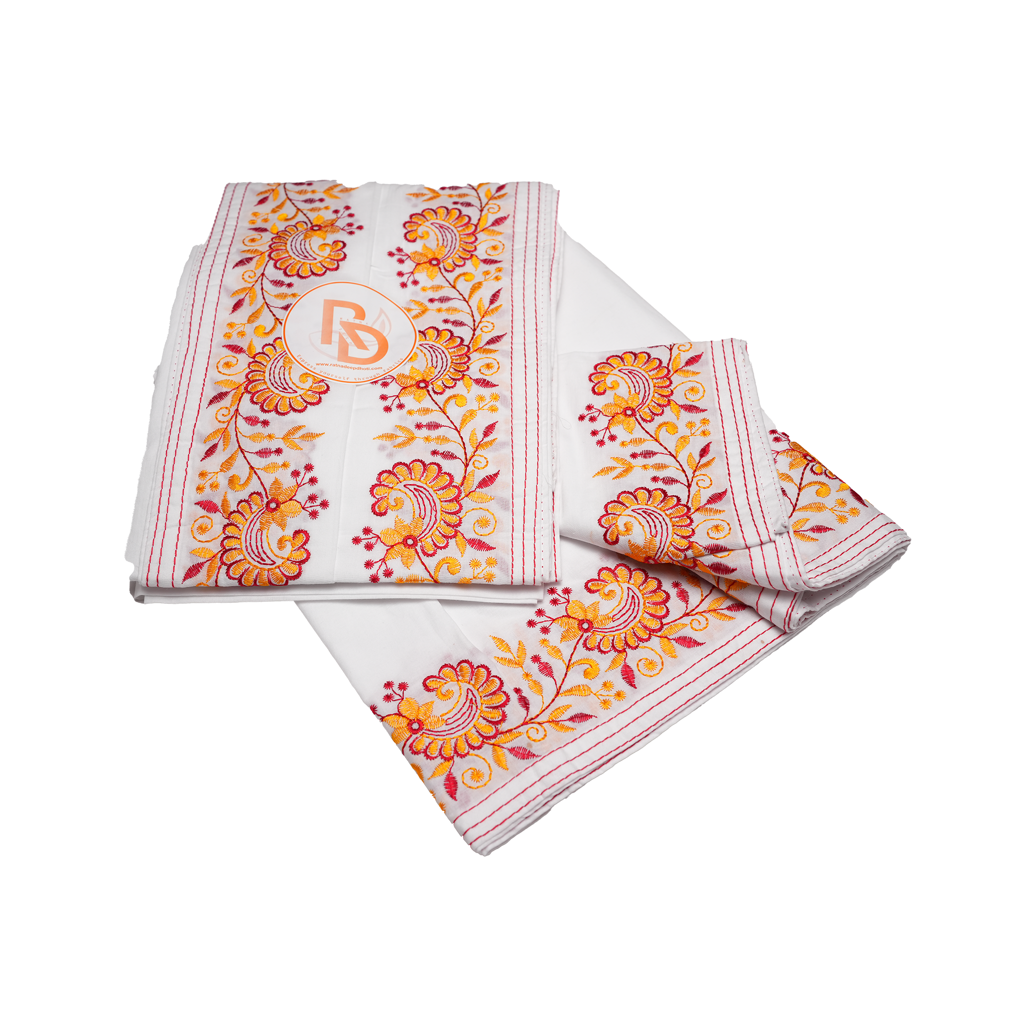 orange & yellow floral embroidery border cotton dhoti