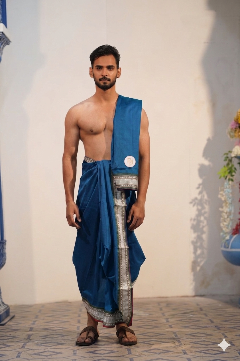 Man wearing a paithani border artificial silk blue dhoti with angavastram