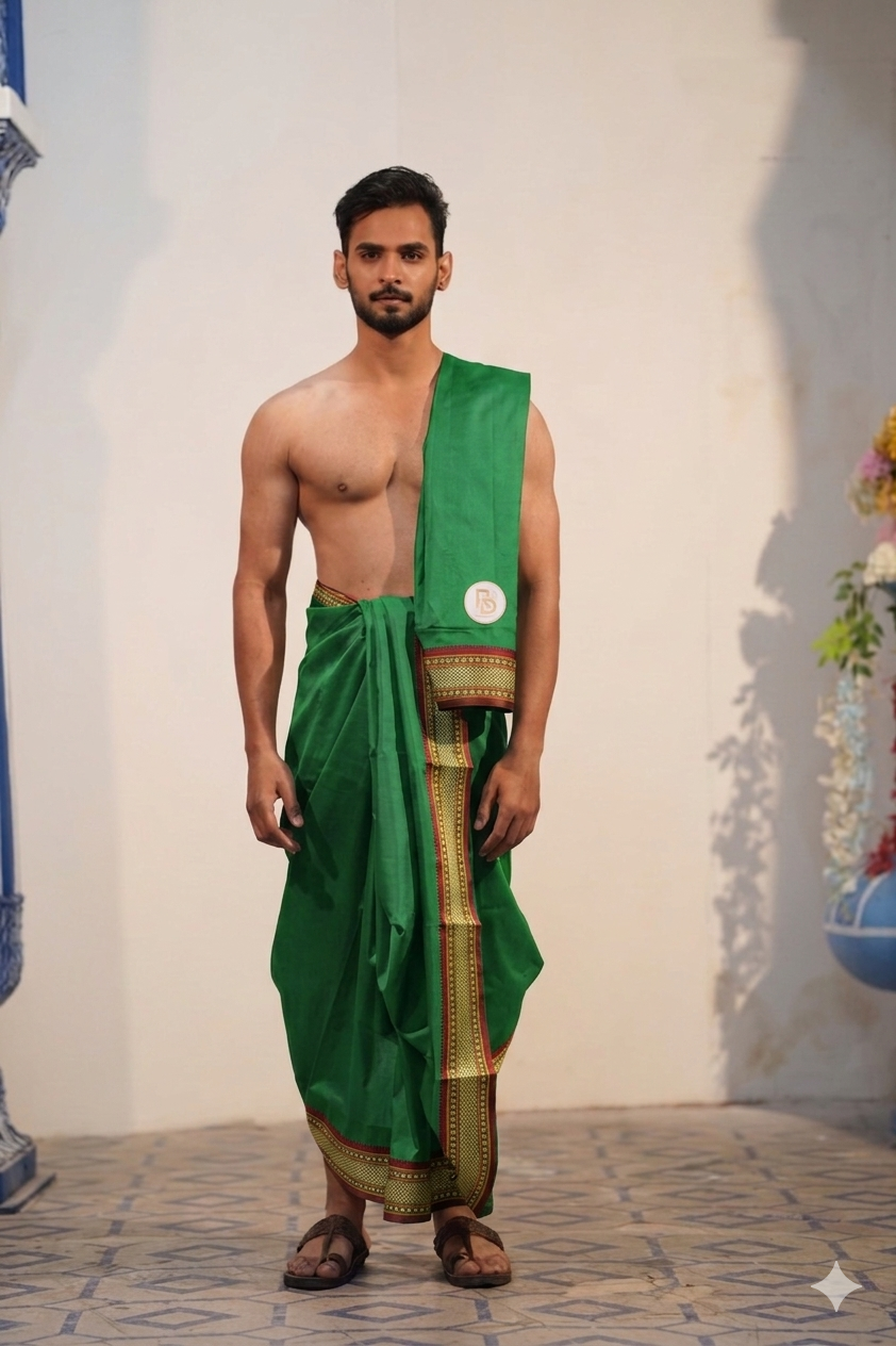 Man wearing a paithani border artificial silk green dhoti with angavastram
