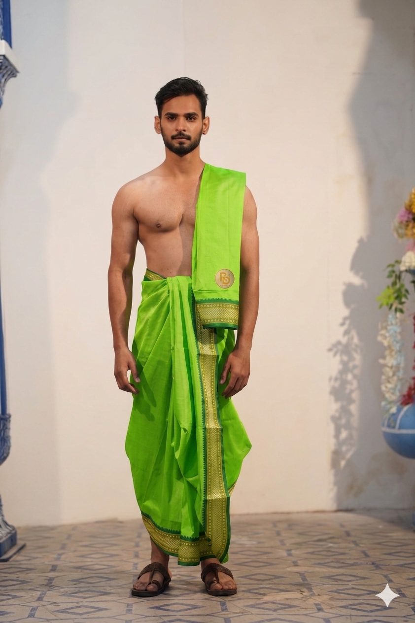 Man wearing a paithani border artificial silk parrot green dhoti with angavastram