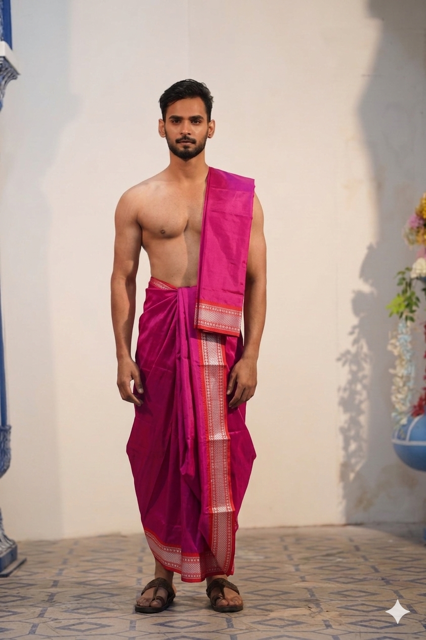 Man wearing a paithani border artificial silk pink dhoti with uparana
