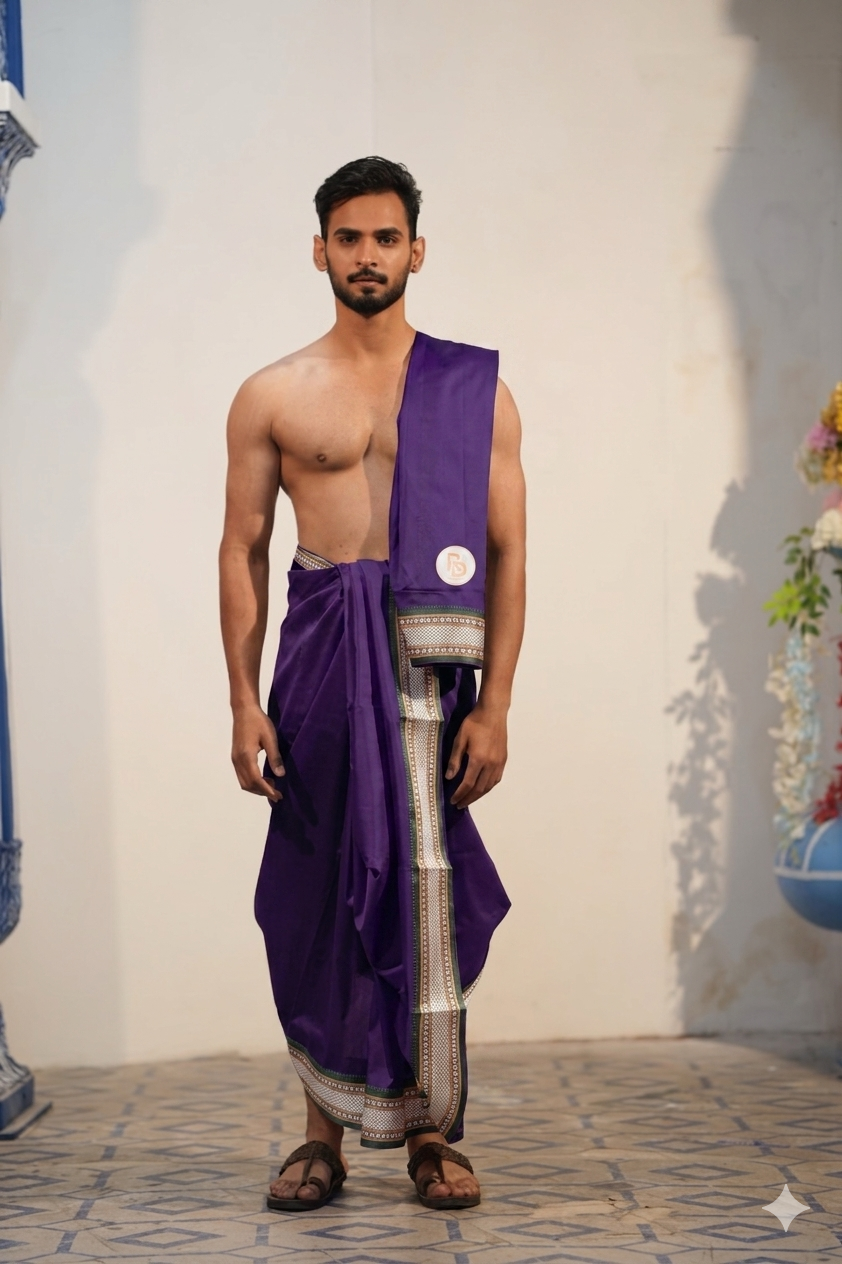 Man wearing a paithani border artificial silk purple dhoti with uparana