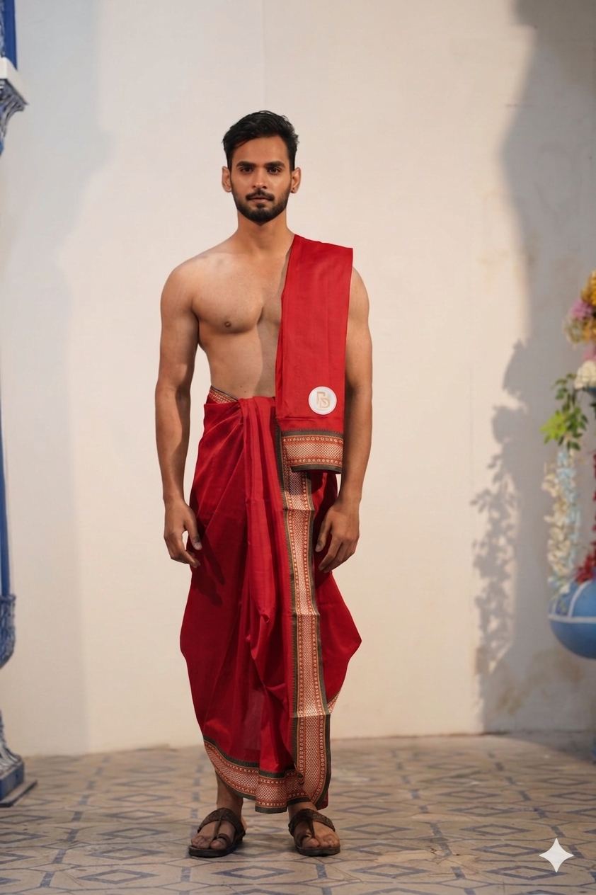 Man wearing a paithani border artificial silk red dhoti with uparana