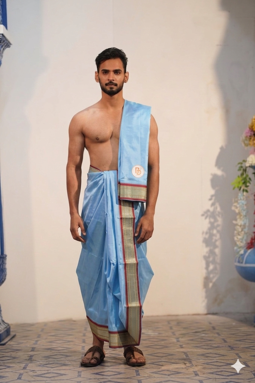 Man wearing a paithani border artificial silk sky blue dhoti with uparana