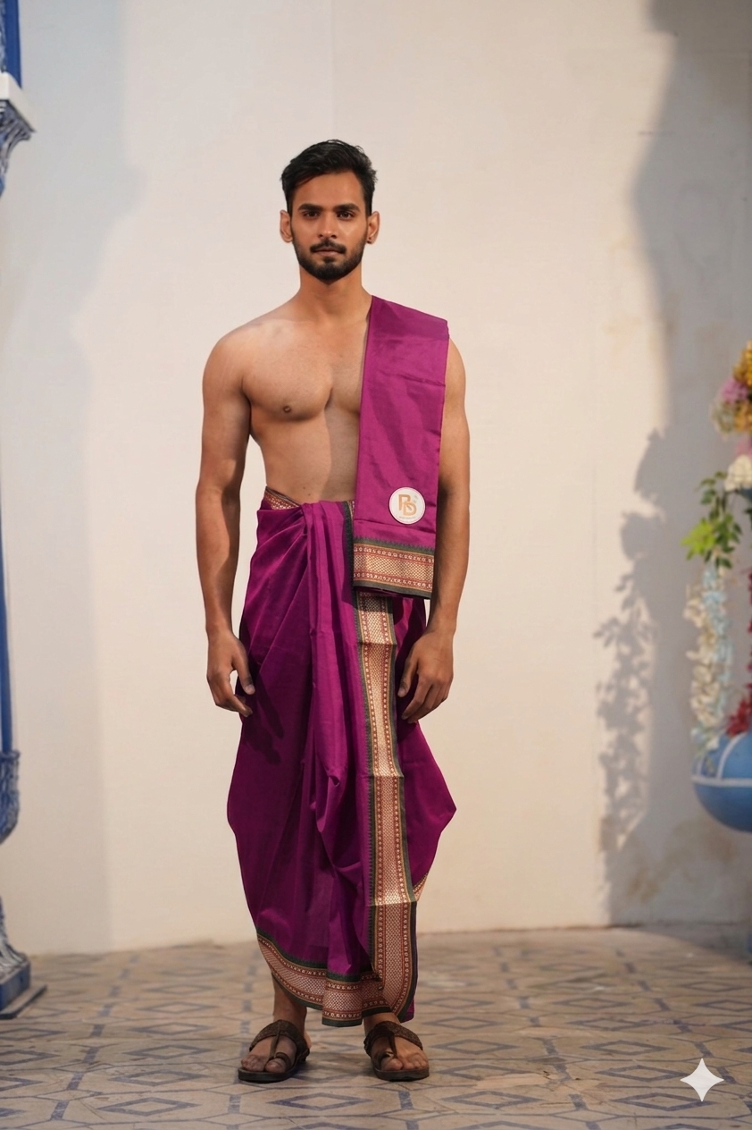 Man wearing a paithani border artificial silk violet dhoti with angavastram