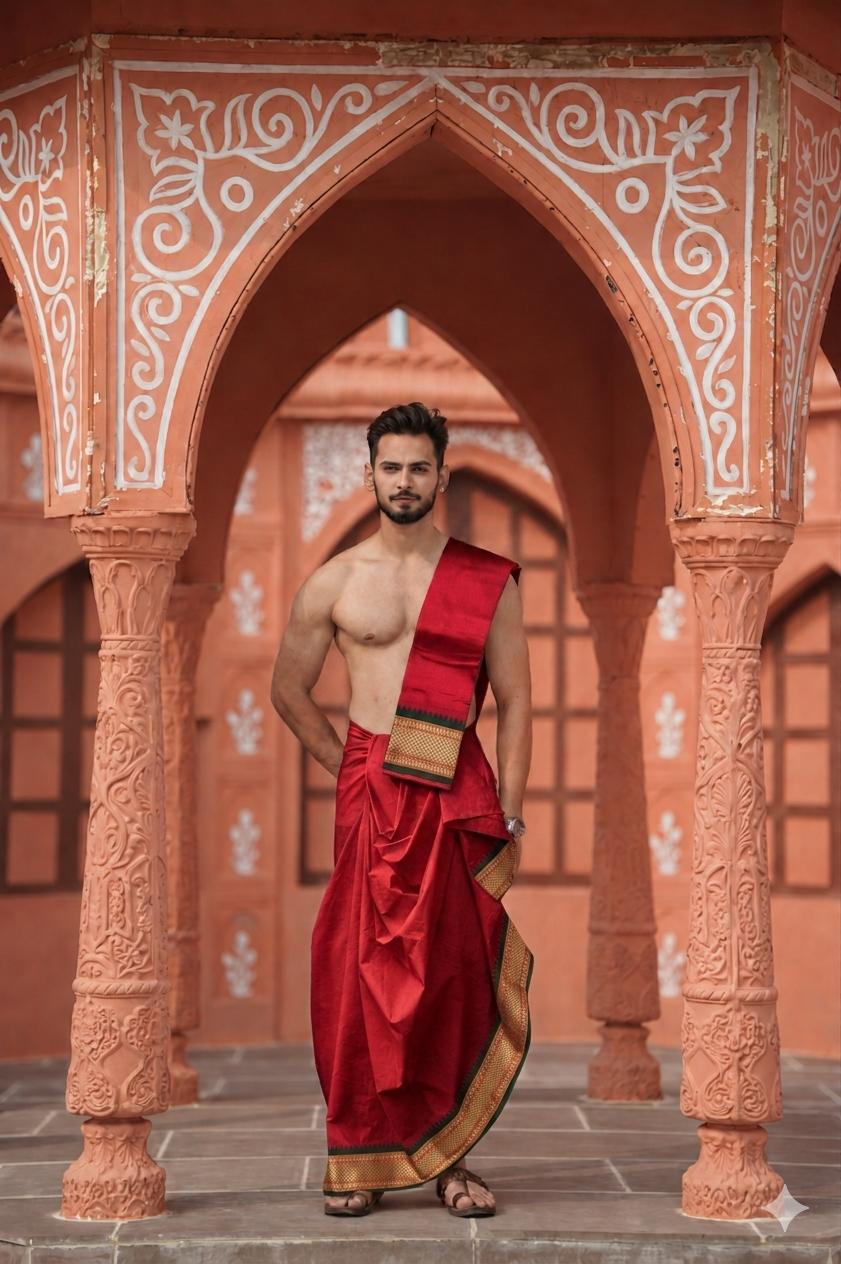 Man wearing a paithani silk premium dhoti with khes