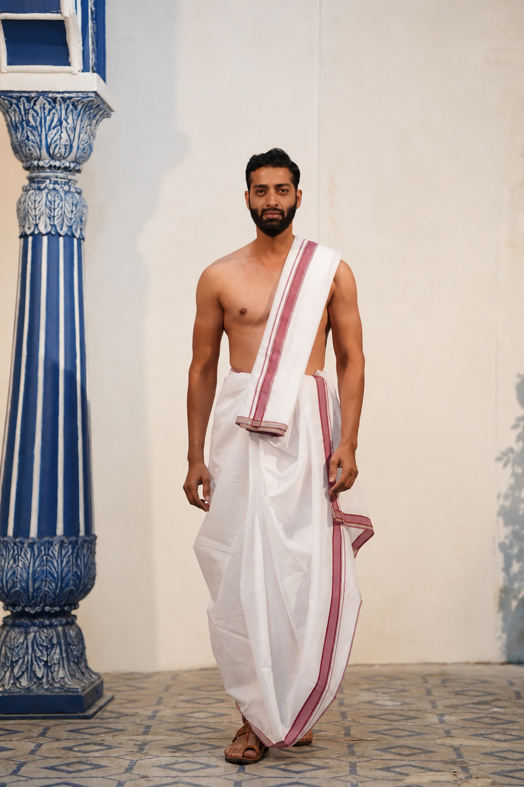 Man wearing a peach border white cotton dhoti with angavastram
