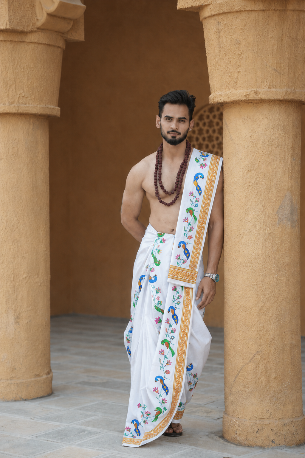 Man wearing a peacock and parrot design handprinted cotton dhoti with uparana