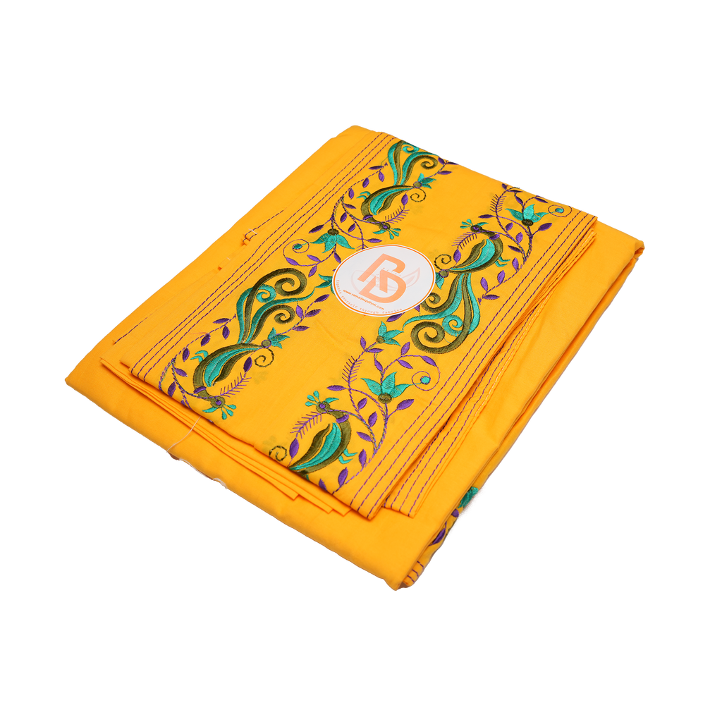 peacock design border yellow cotton dhoti set
