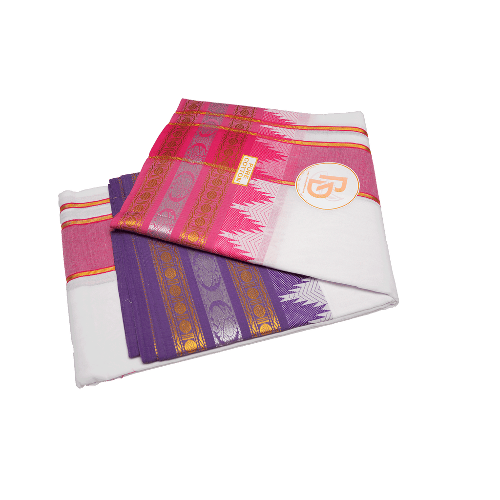 Elegant white cotton dhoti with pink & purple jacquard border 