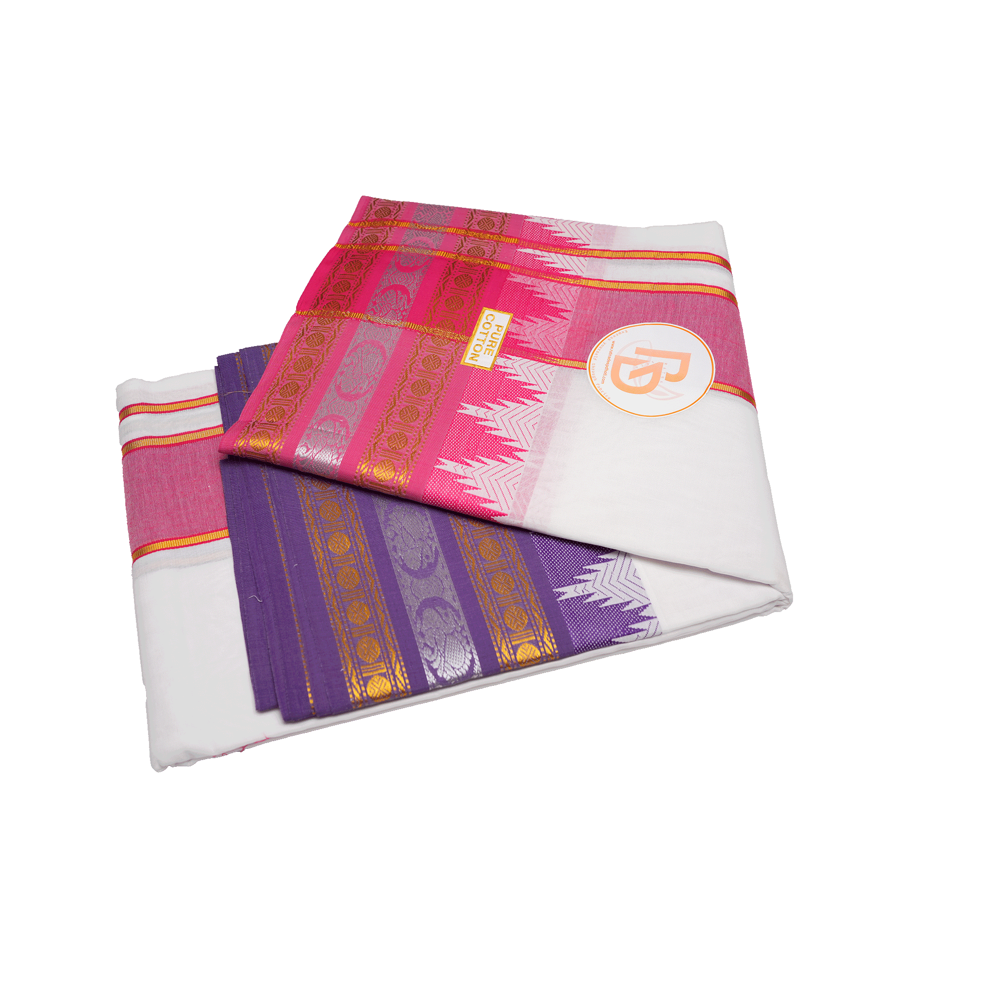 Elegant white cotton dhoti with pink & purple jacquard border 