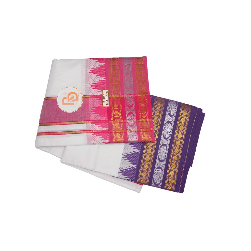 Elegant white cotton dhoti with pink & purple jacquard border 