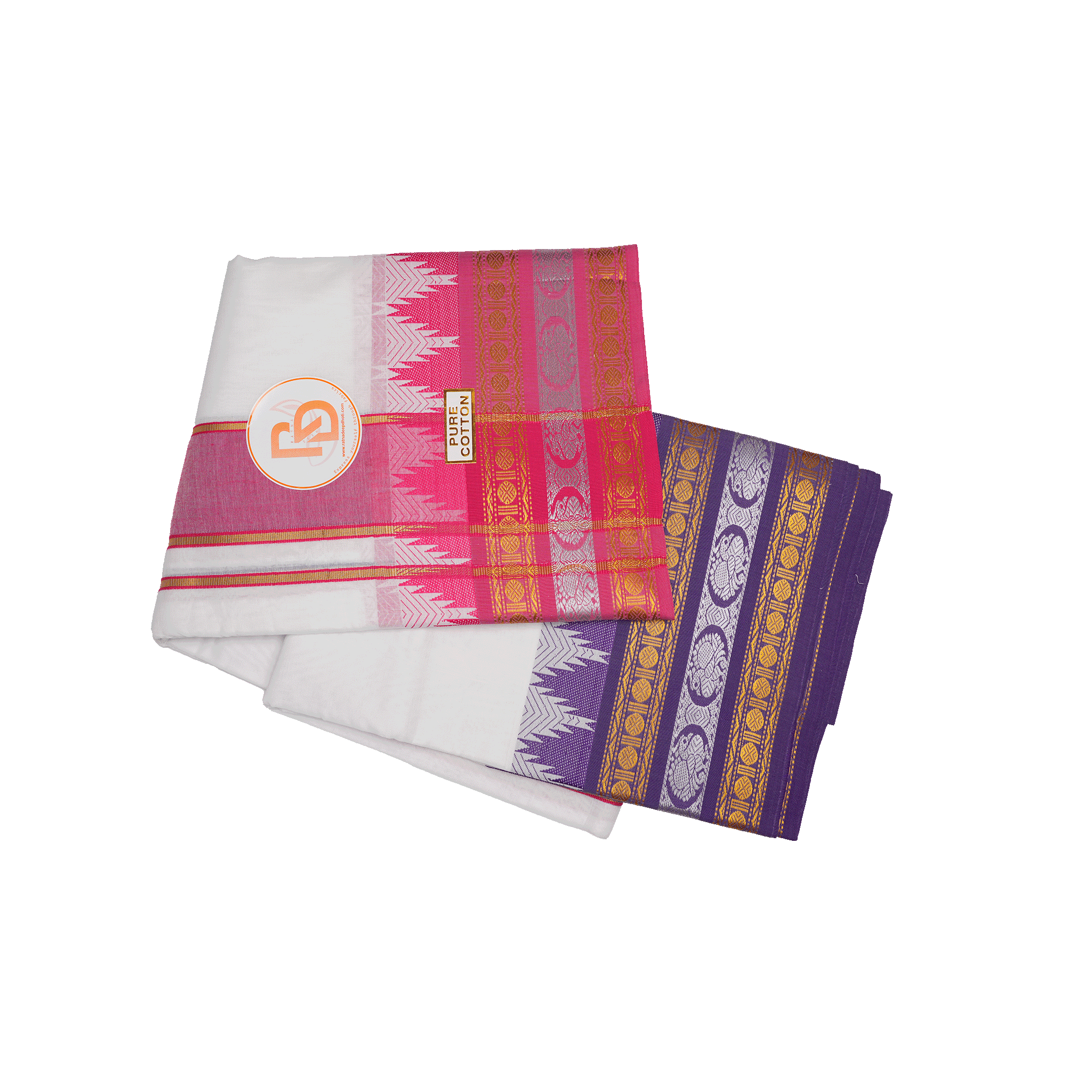 Elegant white cotton dhoti with pink & purple jacquard border 
