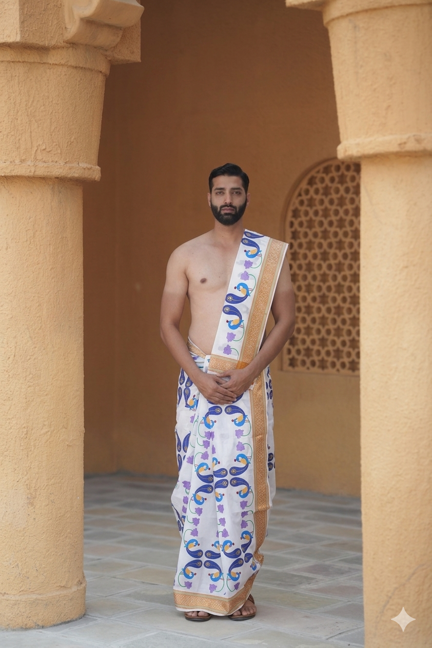 Men attire handprint cotton dhoti with uparana