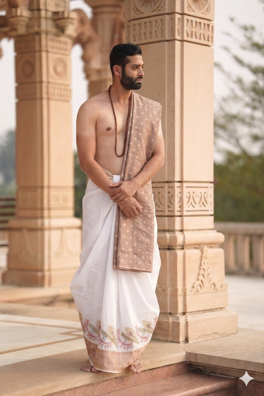 Man wearing a peacock feather and flute design border white cotton dhoti with khes