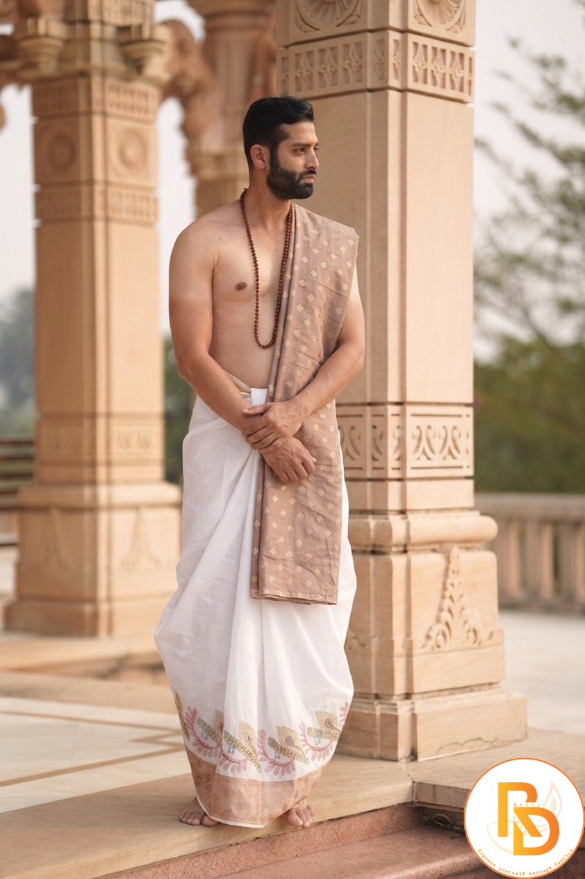 Man wearing a peacock feather and flute design border white cotton dhoti with khes