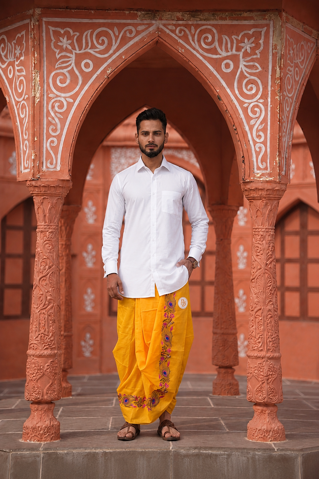 Man wearing a peacock feather design border dhoti and shirt combo