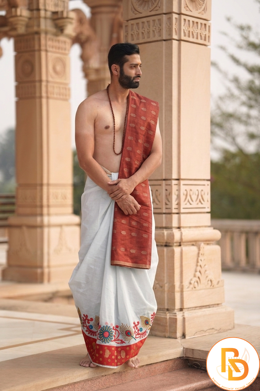 Man wearing a peacock feather design red border white dhoti with uparana