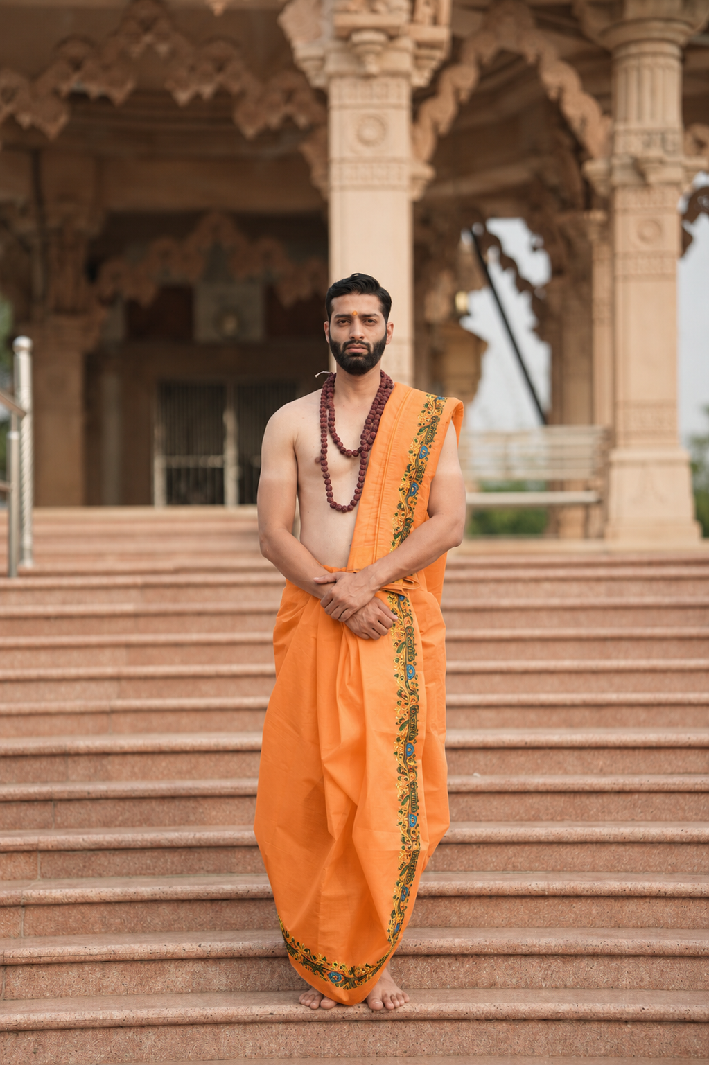Man wearing a peacock feather design stylish border cotton dhoti with gamcha