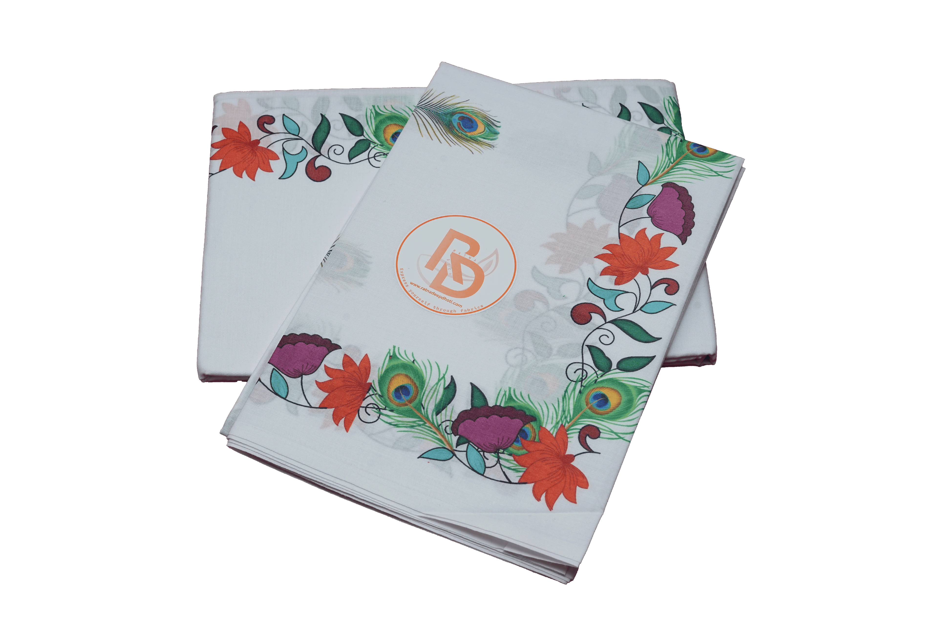 peacock feather floral border digital print cotton white dhoti set