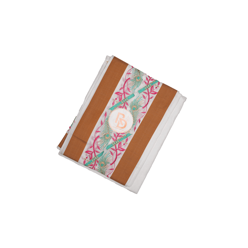 peacock feather & flute design with brown border white cotton dhoti set