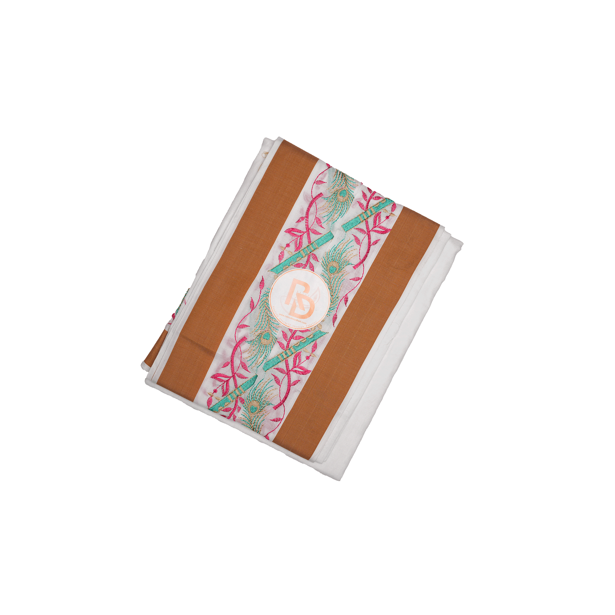 peacock feather & flute design with brown border white cotton dhoti set