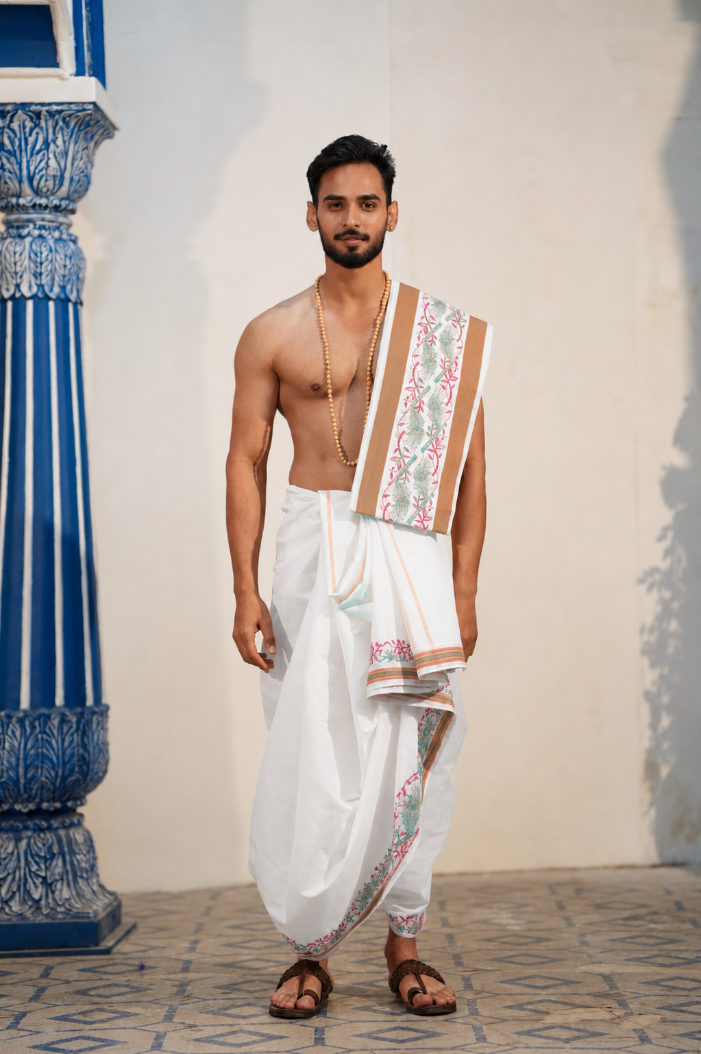 Man wearing a peacock feather & flute design with brown border white cotton dhoti and khes