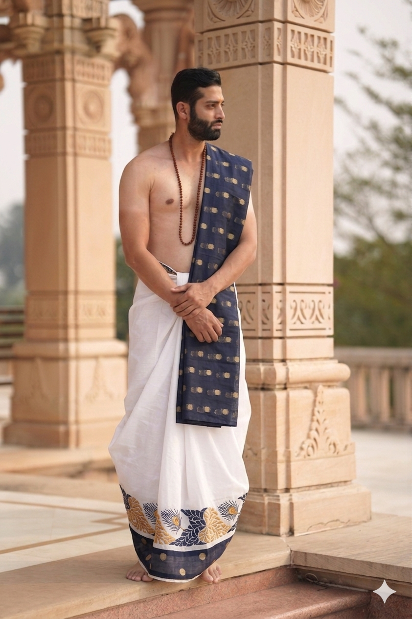 Man wearing a peacock feather linen cotton dhoti with uparana