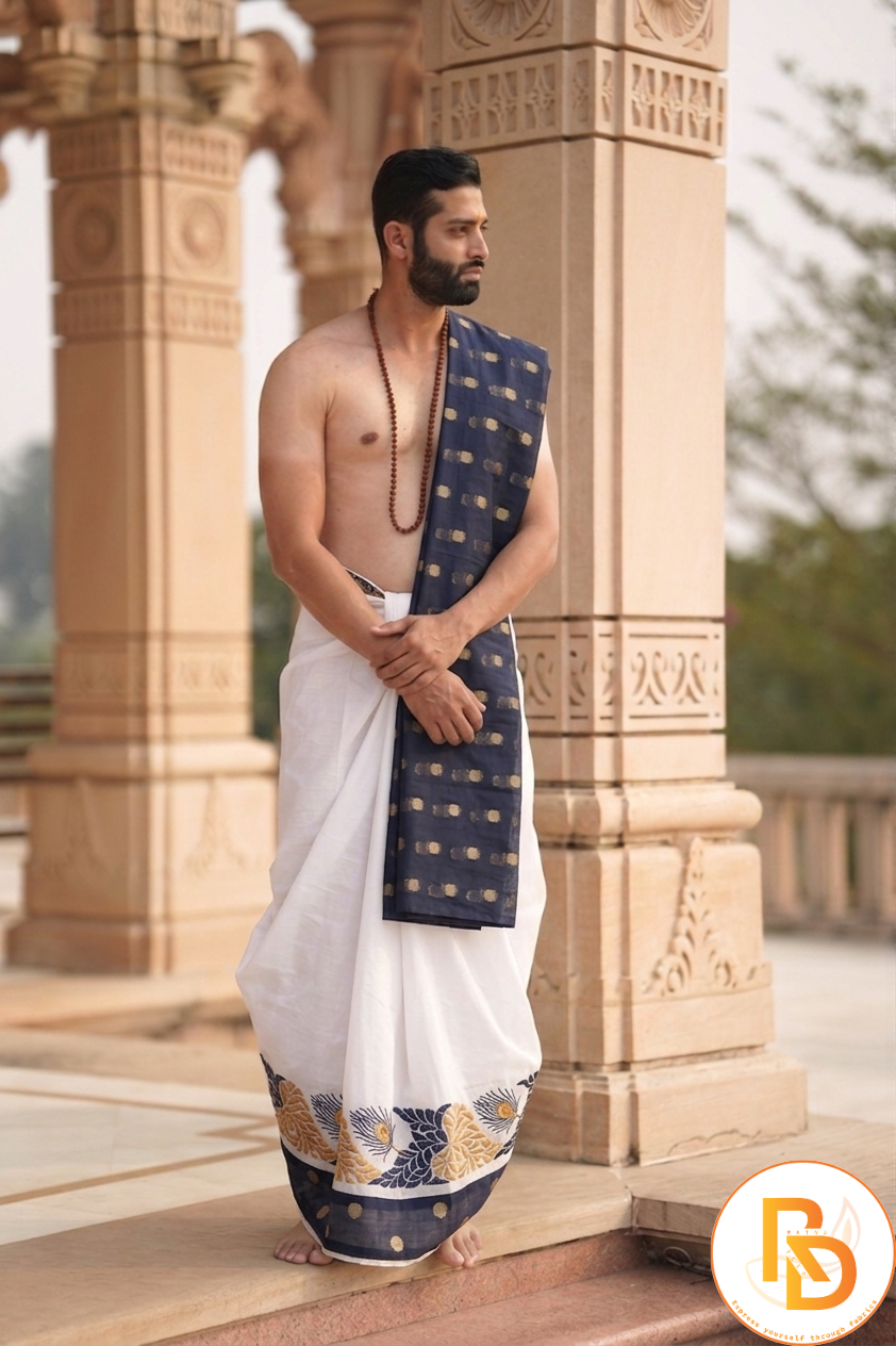 Man wearing a peacock feather linen cotton dhoti with uparana