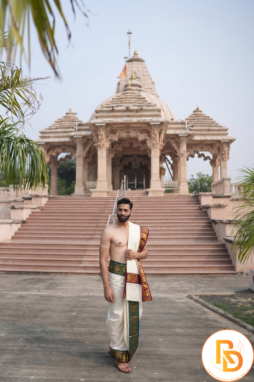 Man wearing a peacock zari border dhoti with uparana