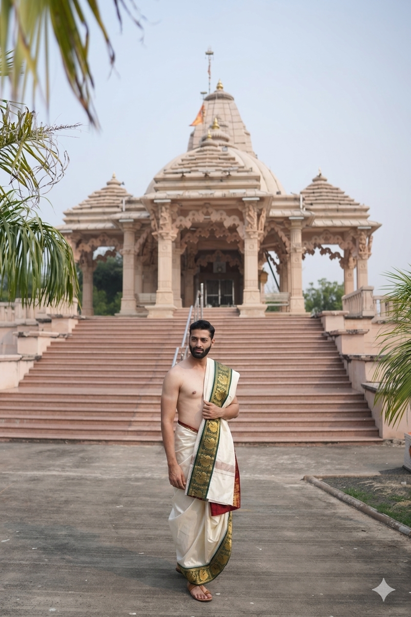Man wearing a peacock zari border white pure silk dhoti with uparana