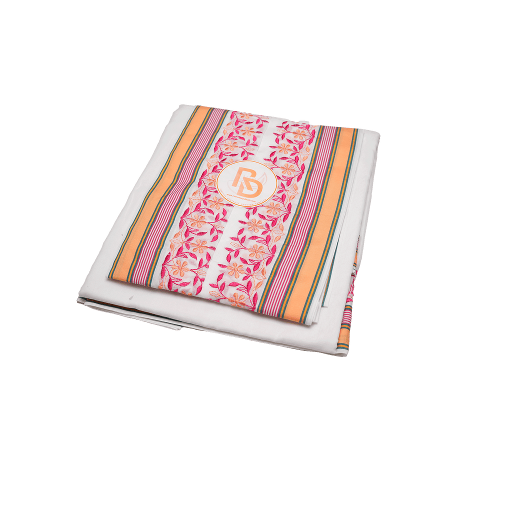 pink floral embroidery border white cotton dhoti set