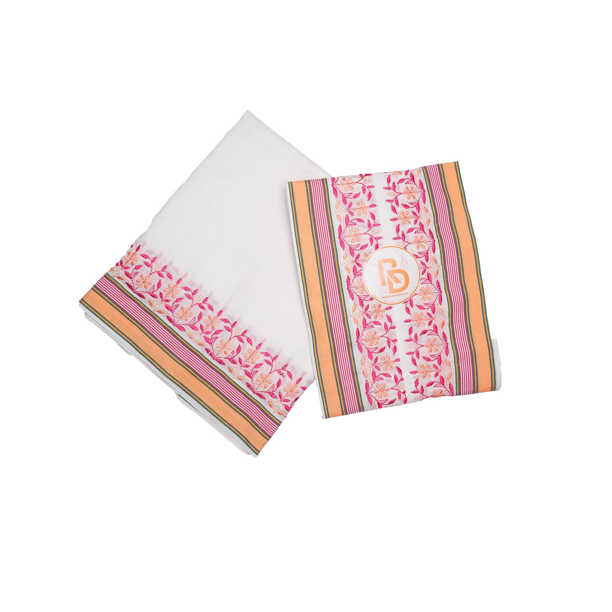 pink floral embroidery border white cotton dhoti set