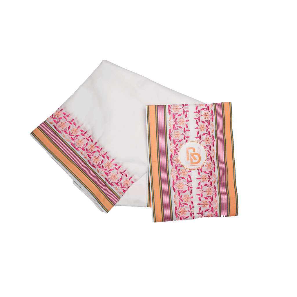 pink floral embroidery border white cotton dhoti set