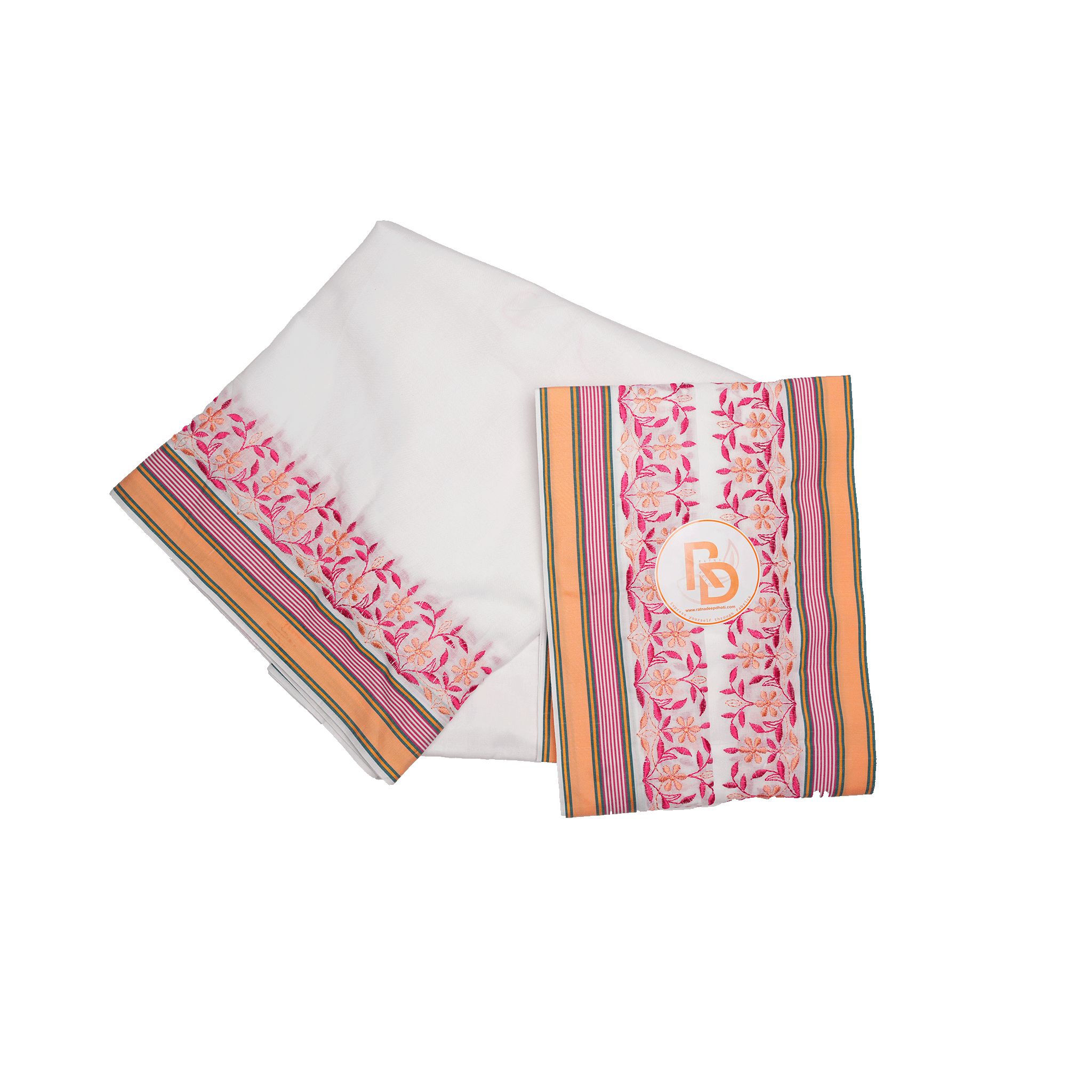 pink floral embroidery border white cotton dhoti set