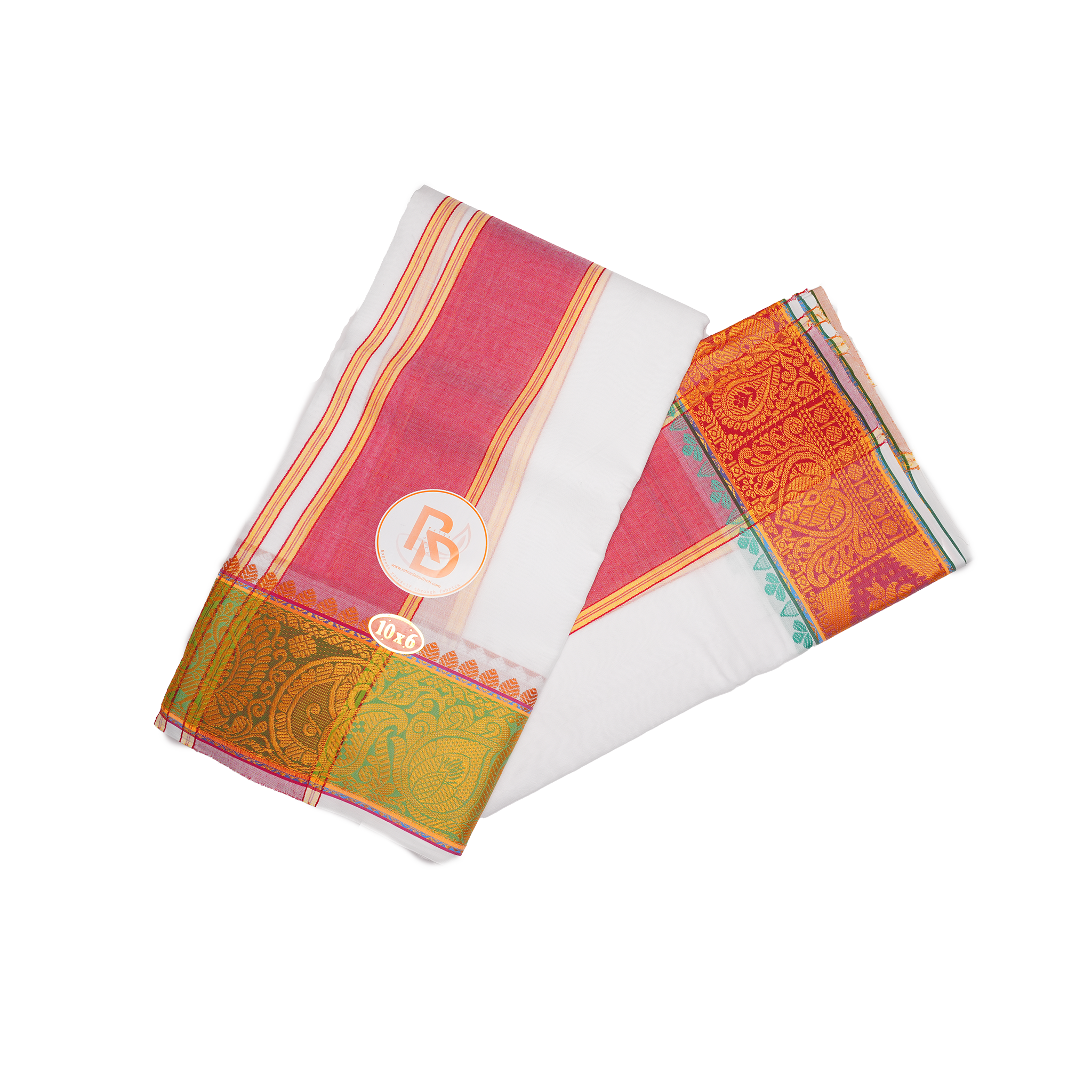 Pink & gold zari bordered white cotton dhoti set
