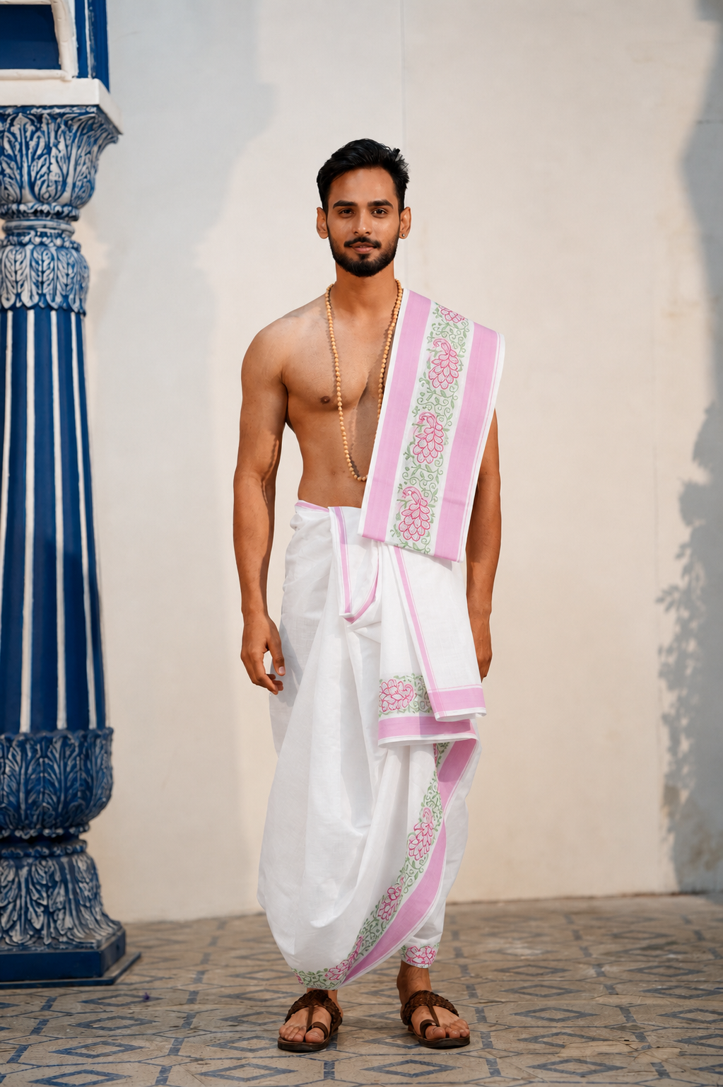 Man wearing a pink & green peacock embroidery border white cotton dhoti with uparana