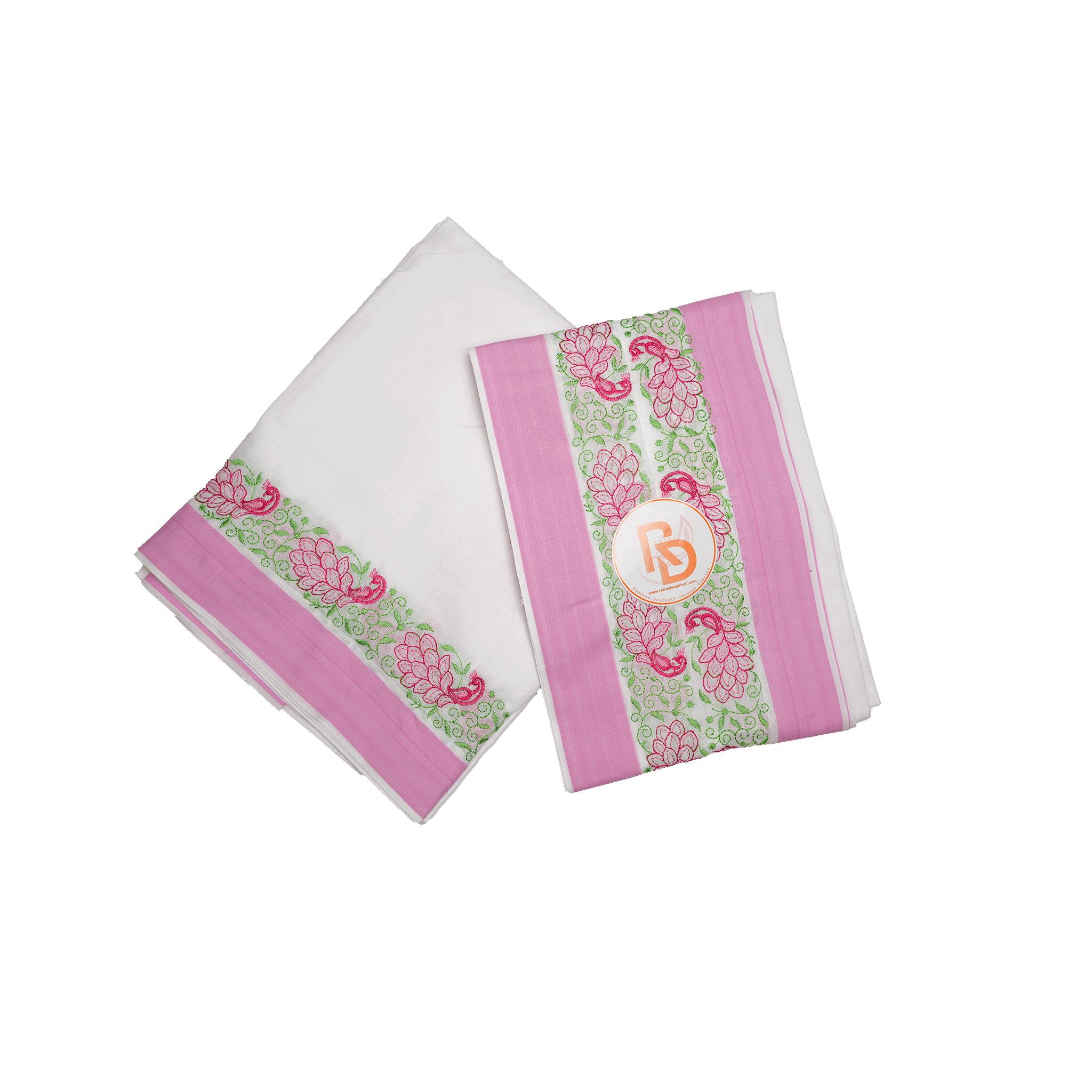 pink & green peacock embroidery border white cotton dhoti set