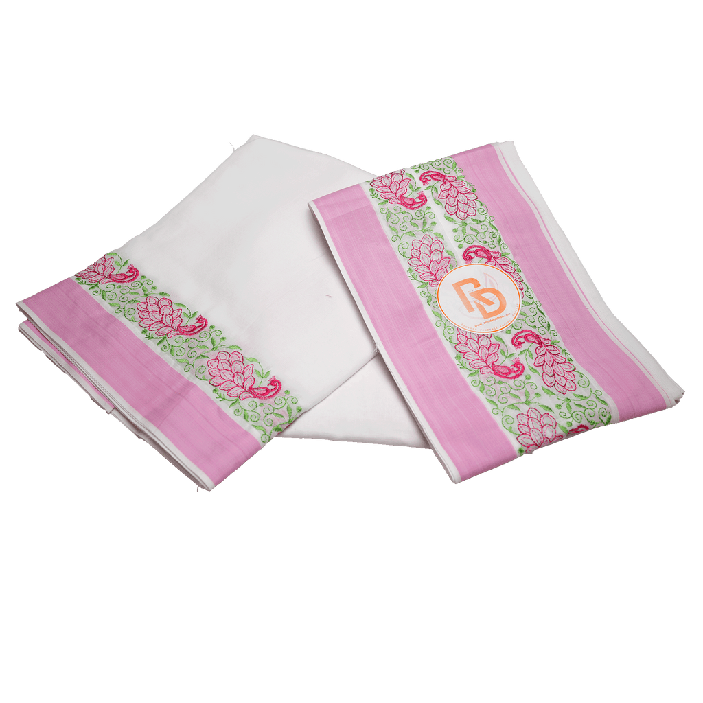 pink & green peacock embroidery border white cotton dhoti set