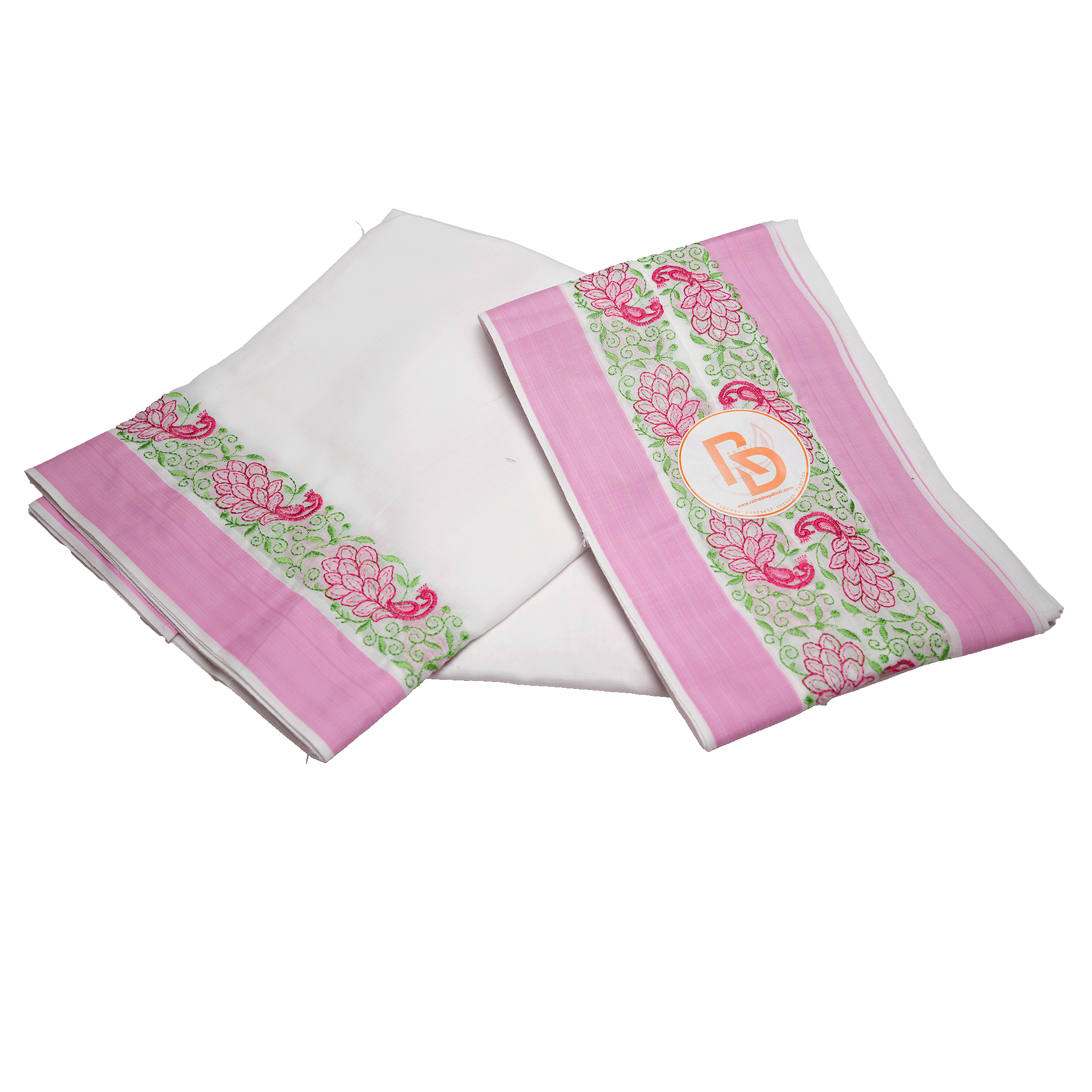 pink & green peacock embroidery border white cotton dhoti set